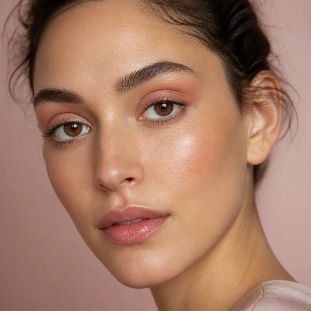 Soft peach eyeshadow blended through the crease and socket on a light-medium model, natural glowy lid, gentle three-quarter angle