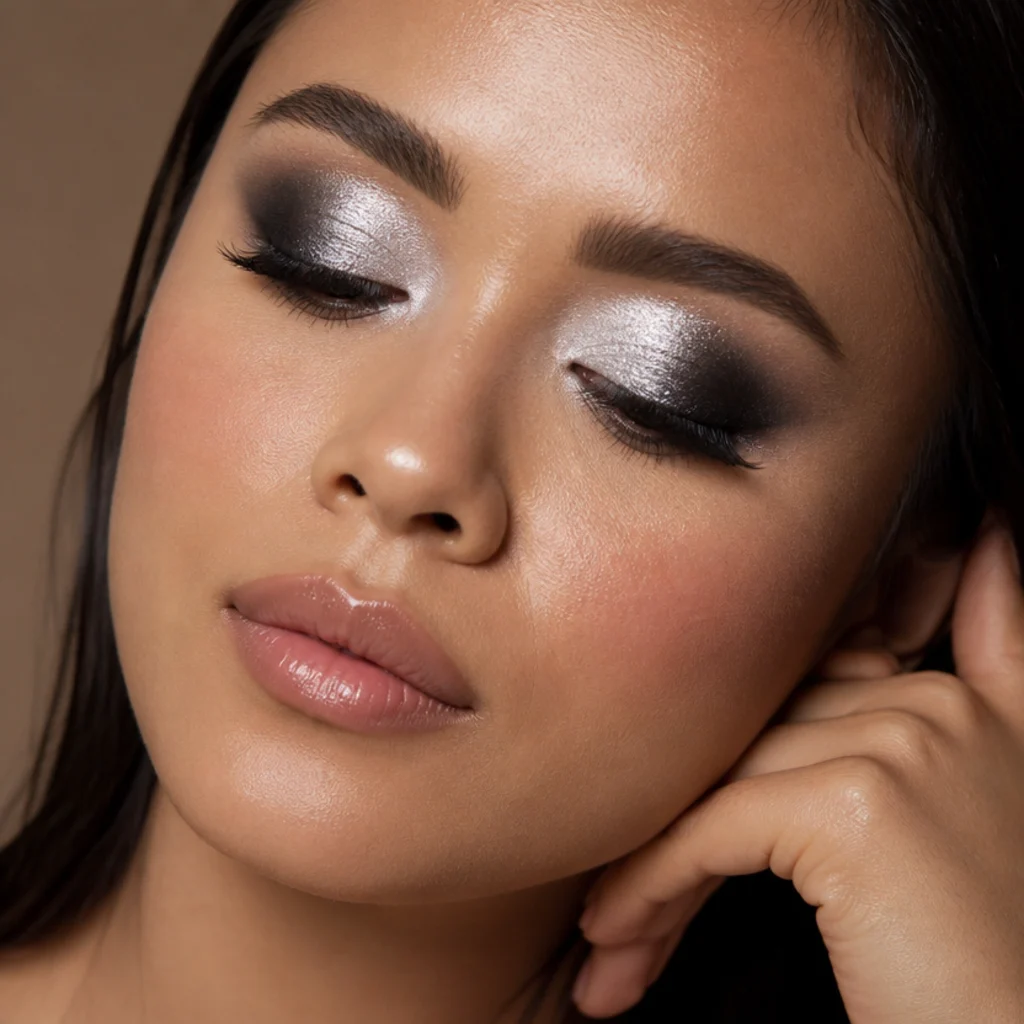 Bright silver metallic shadow packed onto the center lid with a smoked grey outer corner on a medium-tan model, high-shine disco finish, close-up