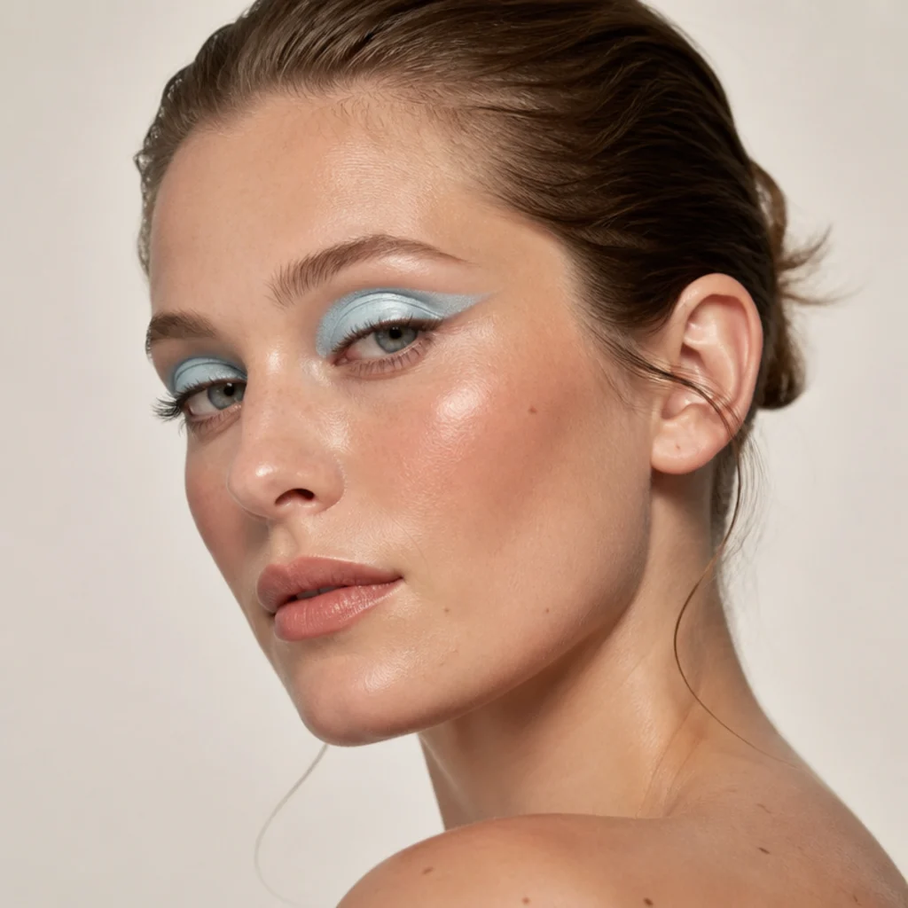 Icy blue frost on the lid with a sharp cut crease and clean beige transition on a fair-skinned model, defined graphic edge, three-quarter angle