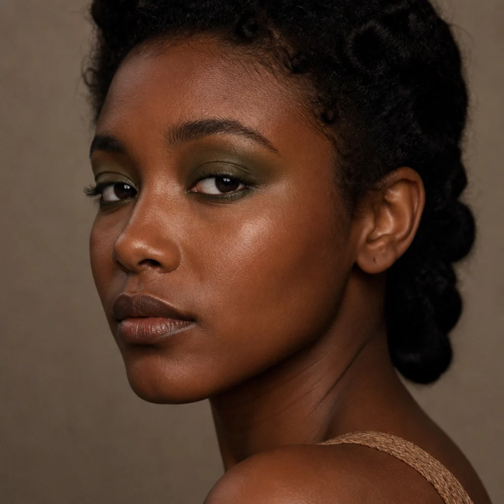 Olive and moss green eyeshadow blended softly across the lid and lower lash line on a deep-skinned model, matte earthy finish, side angle