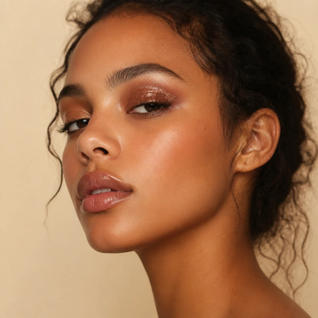 Fine bronze glitter pressed over a warm brown base across the lid on a light-brown model, sparkling reflective finish, three-quarter angle