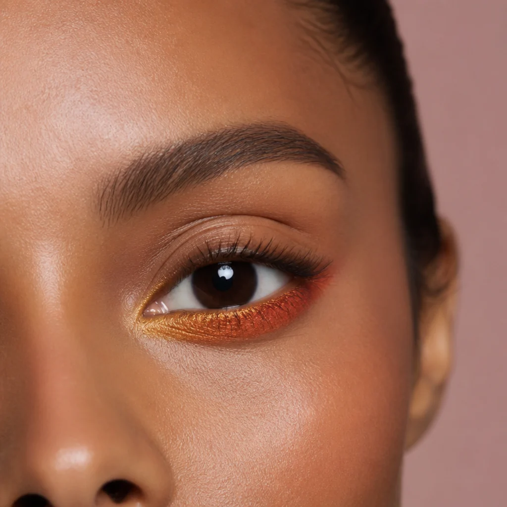 Warm gold and orange liner drawn along the lower lash line like sun rays on a medium model, bright uplifting finish, close-up on the lower eye
