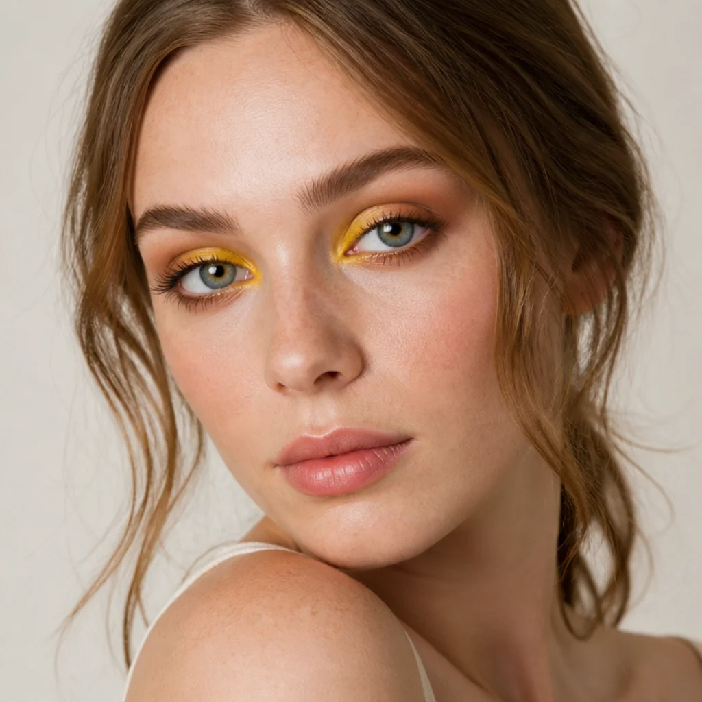 Bright golden yellow shadow brightening the inner corner with warm brown outer blend on a fair-skinned model, sunny lifted finish, three-quarter angle