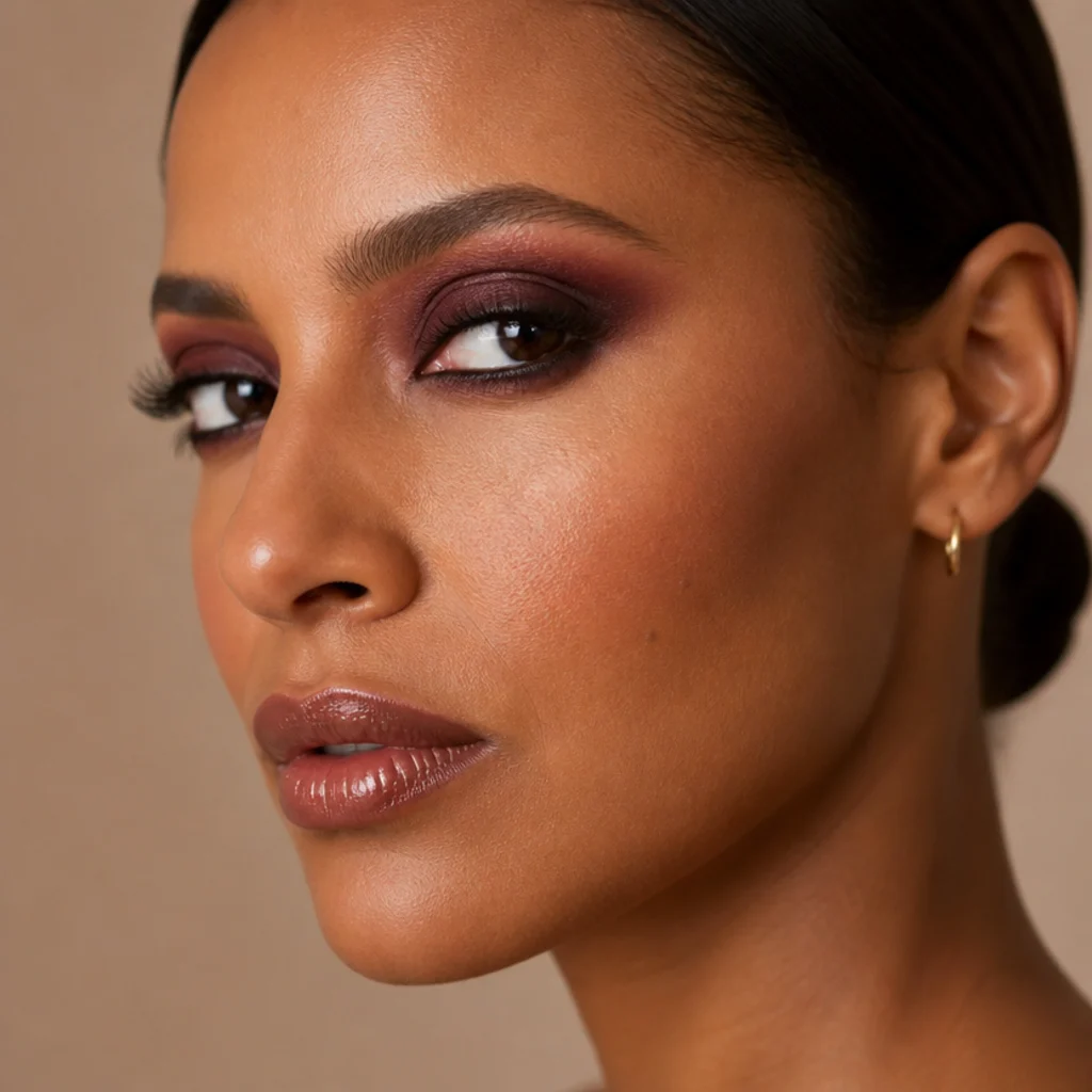Plum and burgundy smoky eye blended across the lid and lower lash line on a deep-tan model, rich wine-toned finish, side angle