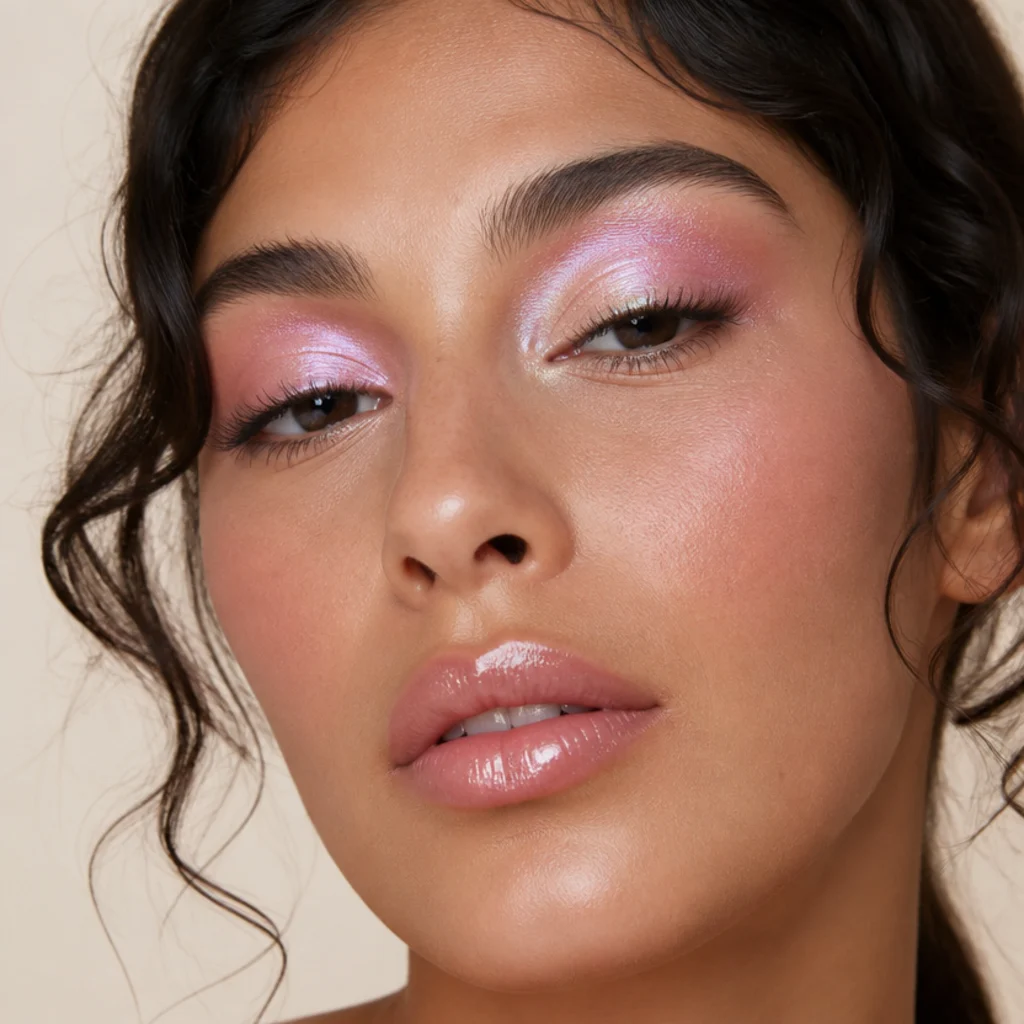 Iridescent pink-lilac frost swept across the full lid with a duochrome sheen on a light-medium model, pearly shifting finish, close-up