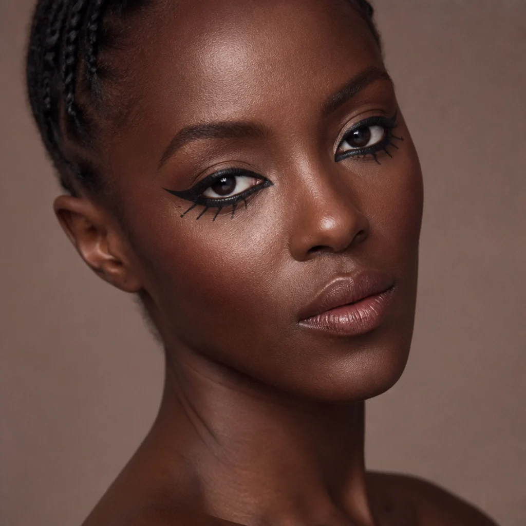 Bold graphic black liner with a drawn lower lash accent and warm shadow on a deep-skinned model, mod-inspired disco finish, three-quarter angle