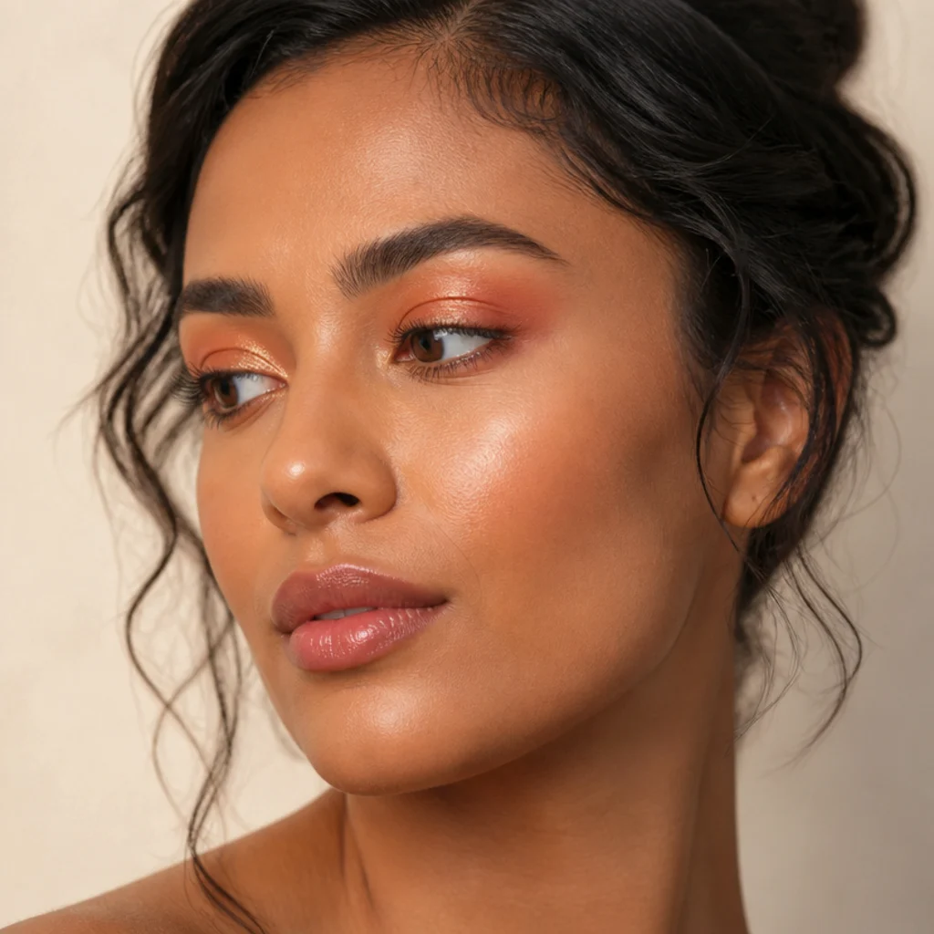 Coral shadow on the lid with a gold duochrome shift and warm crease on a medium-tan model, glowing citrus finish, three-quarter angle