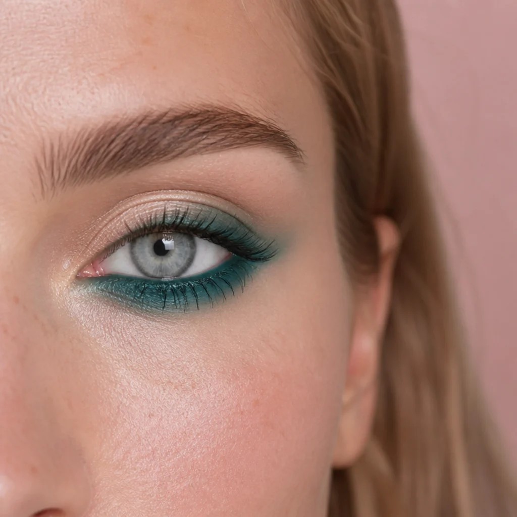 Deep teal shadow concentrated along the lower lash line with a soft lid on a fair-skinned model, reverse smoky finish, close-up on the lower eye