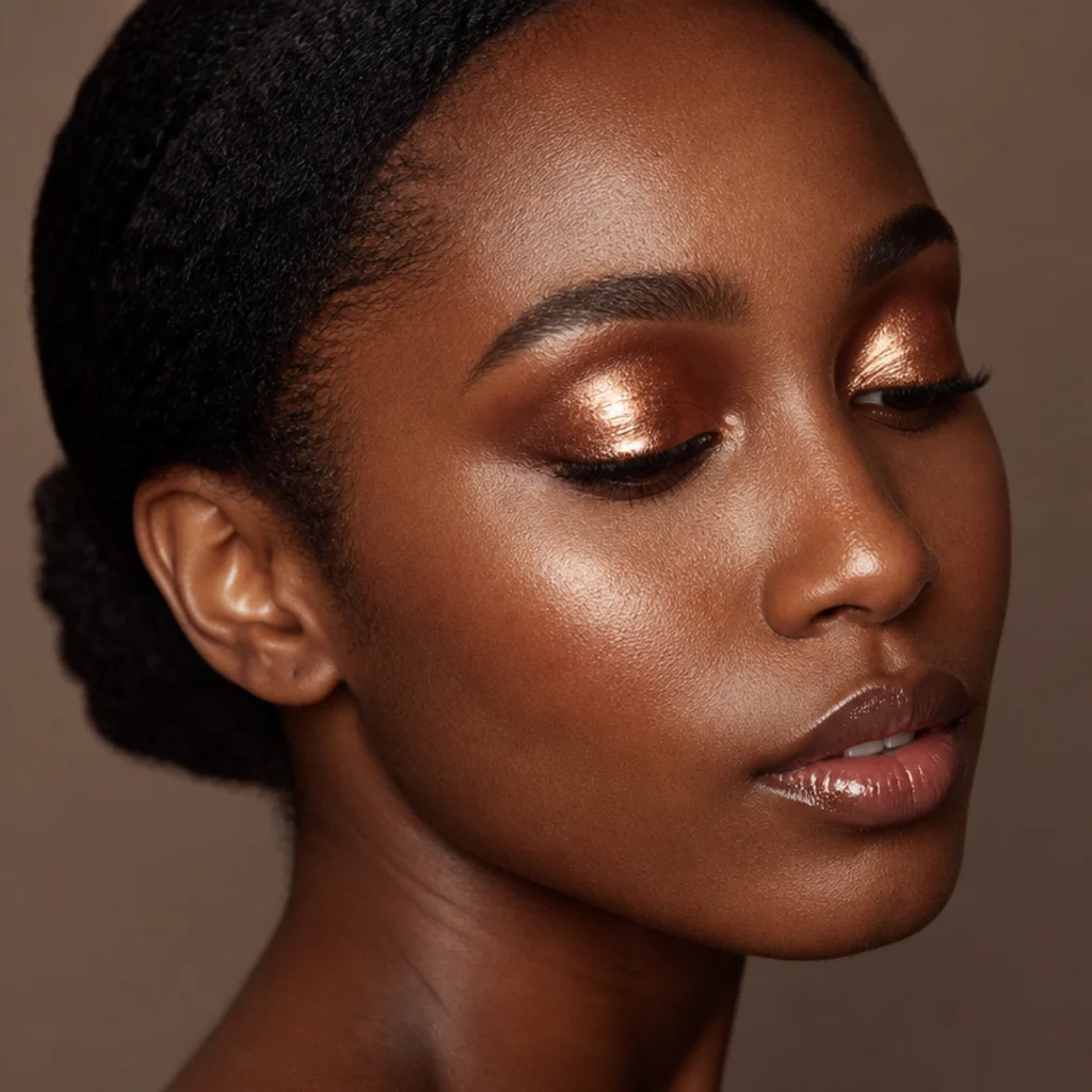 High-shine bronze foil eyeshadow pressed across the lid with a warm smoked crease on a deep-skinned model, wet metallic finish, three-quarter angle