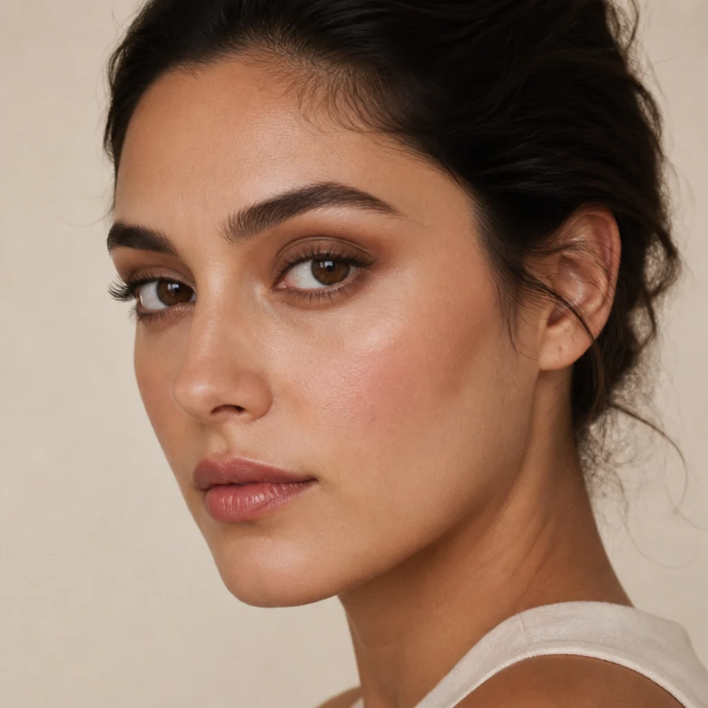 Soft matte brown eyeshadow blended into a rounded doe-eye shape with lifted lashes on a light-medium model, gentle 70s finish, three-quarter angle