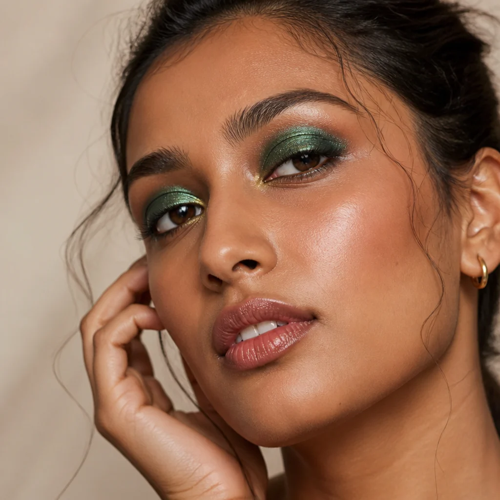 Emerald green shimmer packed across the lid with a darker green outer corner on a medium-tan model, glittering jewel-toned finish, close-up