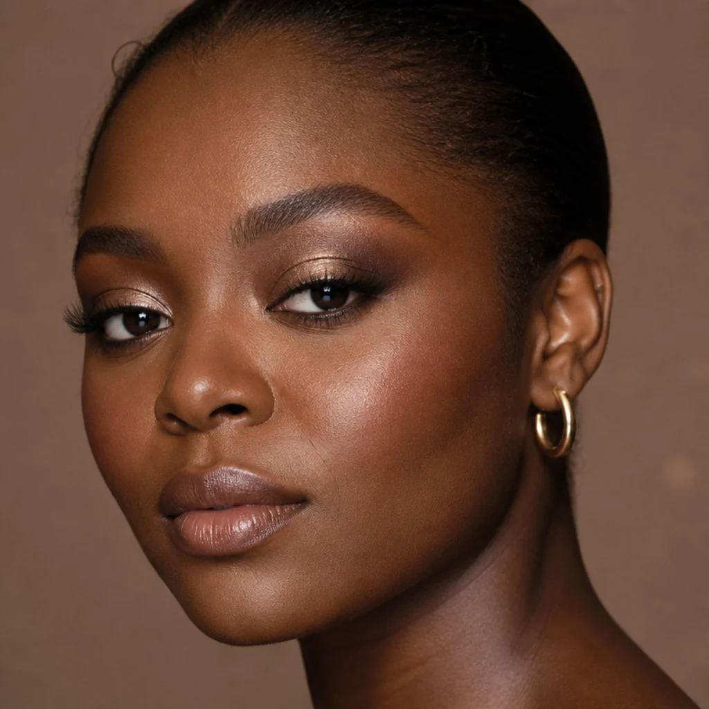 Champagne shimmer on the lid with a rich chocolate brown crease and soft liner on a deep-skinned model, elegant glam finish, three-quarter angle