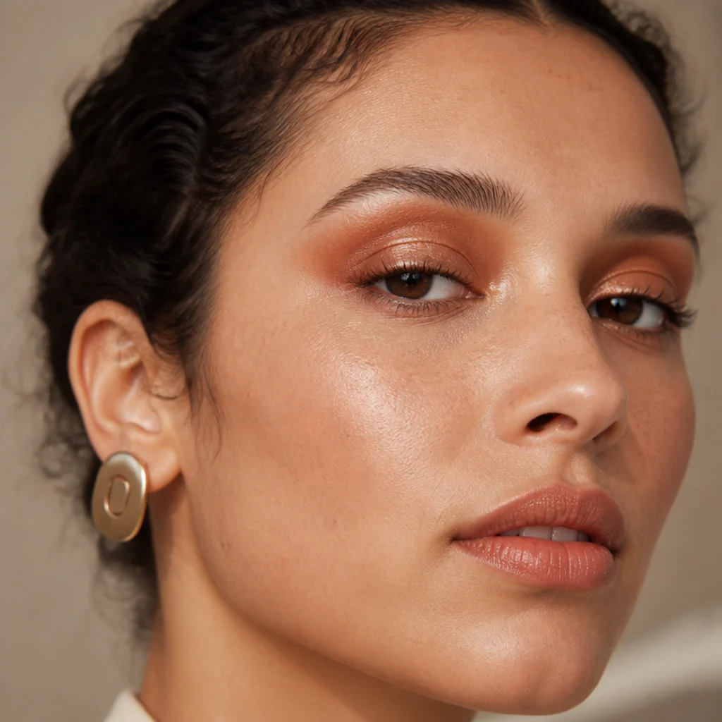 Model with warm terracotta and gold 70s eye makeup, softly blended crease and glossy lids, three-quarter studio angle
