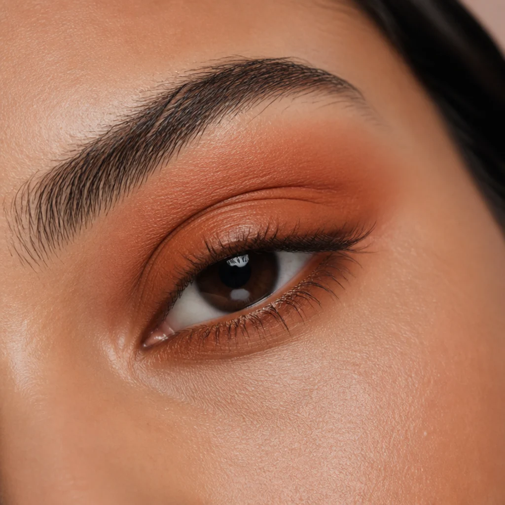 Close-up of matte terracotta eyeshadow blended across the lid and crease with soft brown lower-lash smudging
