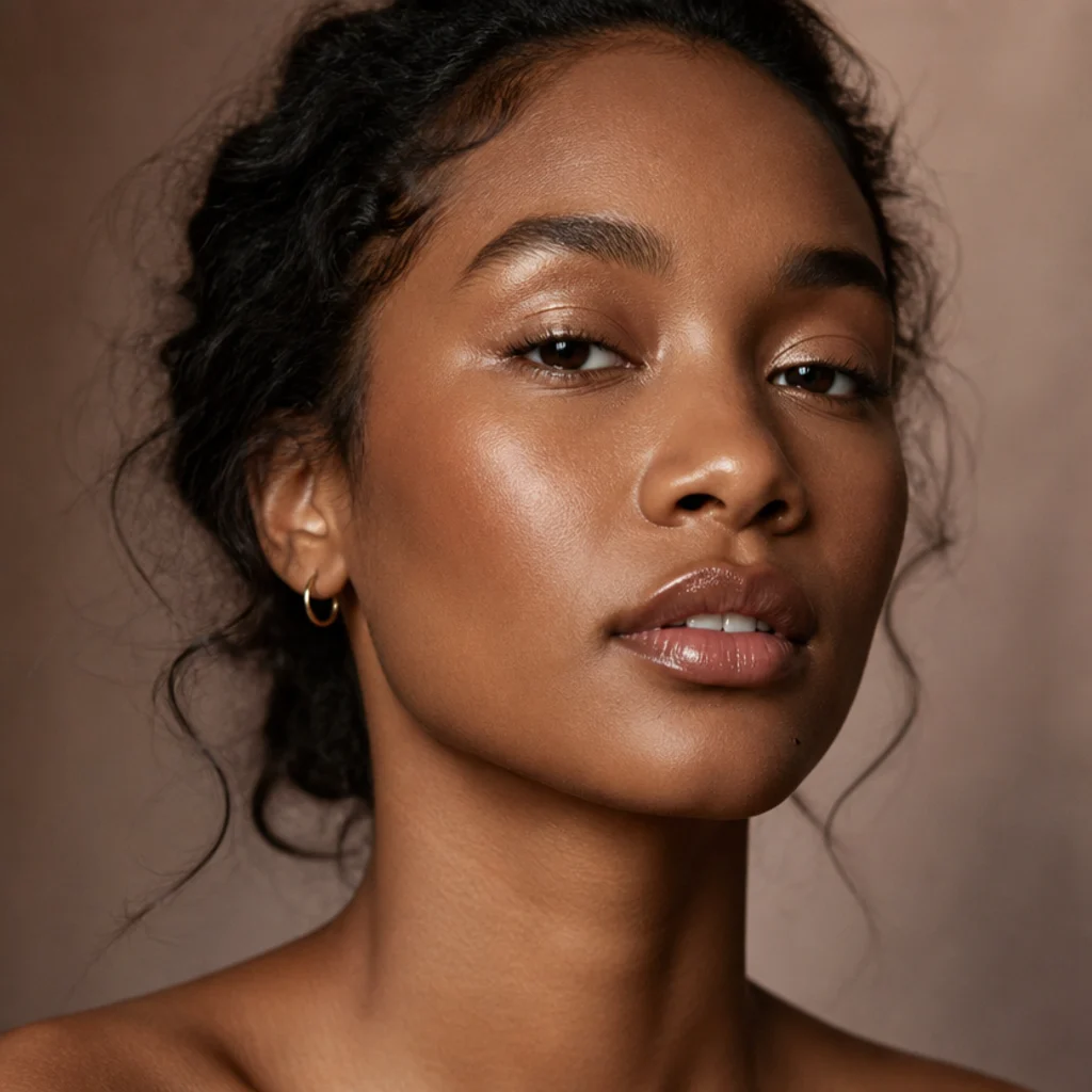 Model wearing a sheer golden-honey shimmer pressed across the lids with glowing bare skin and glossy lips