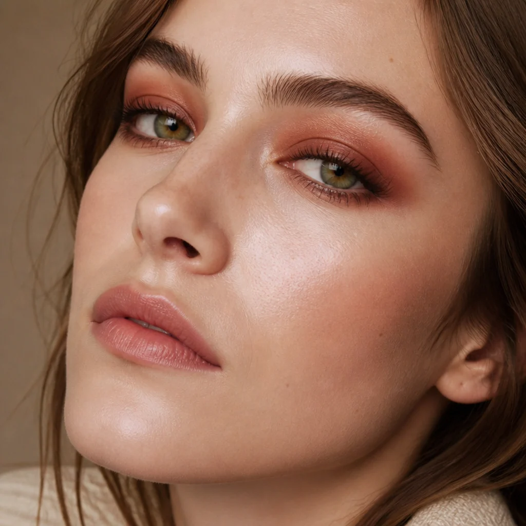 Three-quarter view of a smoky burnt-sienna eye blended into a soft rounded halo with defined lashes