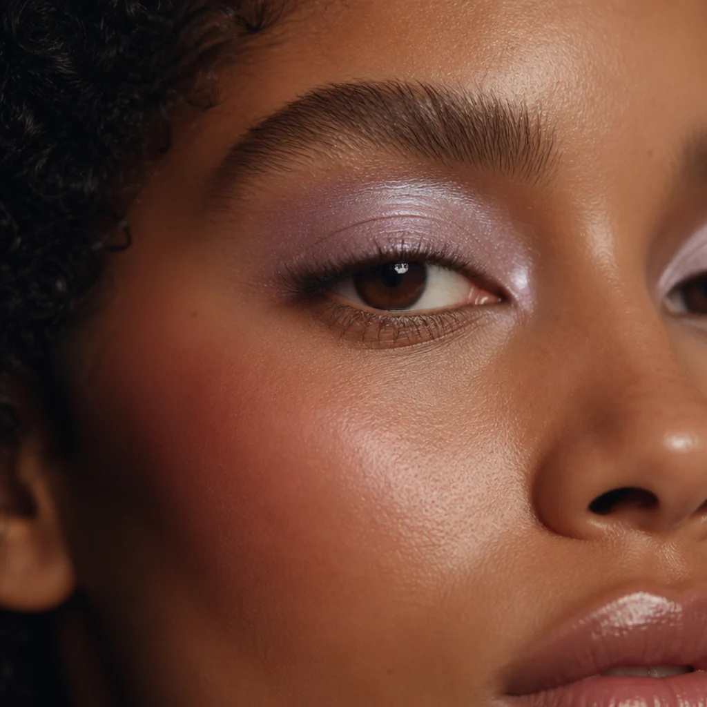 Close-up of frosted lavender eyeshadow with a cool sheen across the mobile lid and softly flushed cheeks
