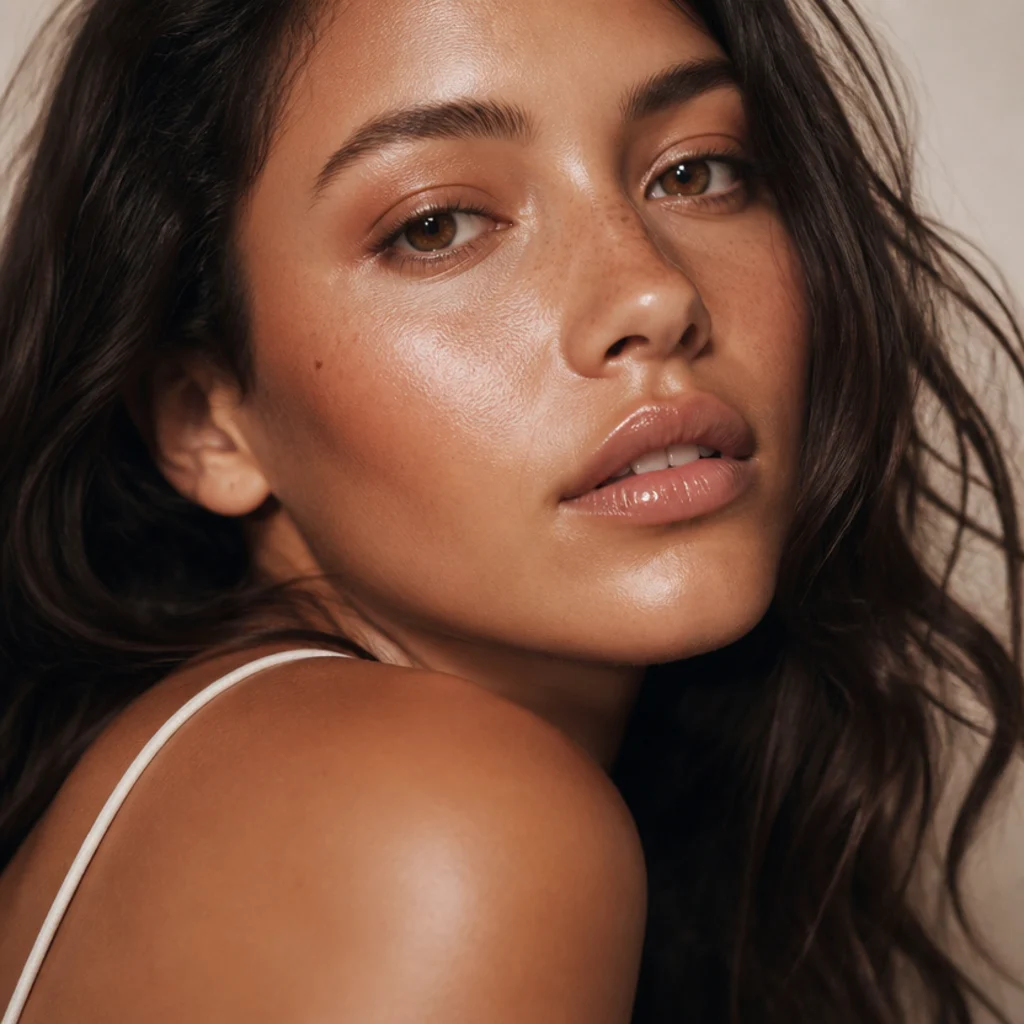 Model with faux freckles dusted across the nose and cheeks, glowing skin, and minimal warm eye makeup