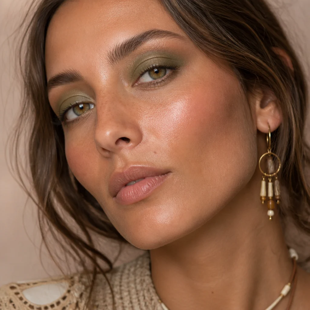 Three-quarter view of olive and moss-green eyeshadow blended softly with warm bronze in the crease
