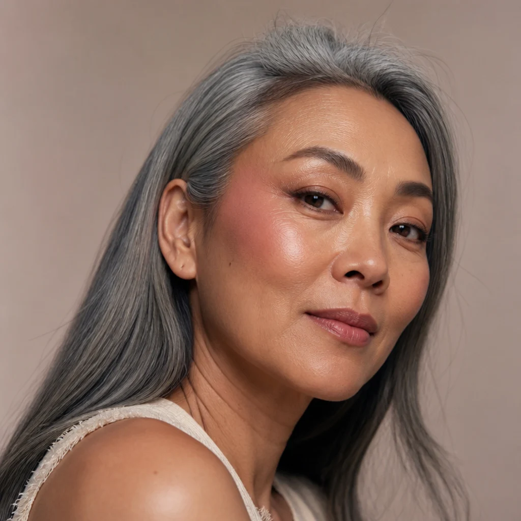 Model with peach blush draped from the cheekbones up toward the temples for a lifted 70s effect