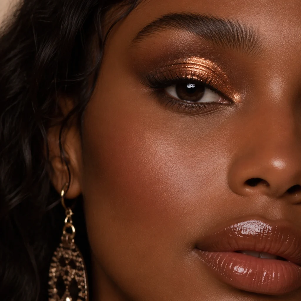 Close-up of high-shine copper shimmer packed onto the lids with a bright inner-corner highlight