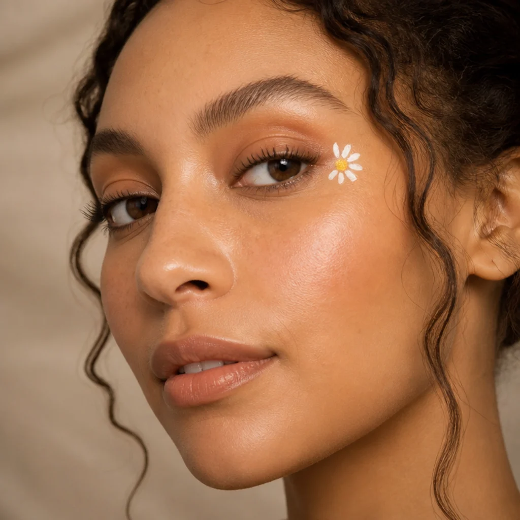 Model with a small hand-painted white daisy at the outer eye corner over a warm neutral wash