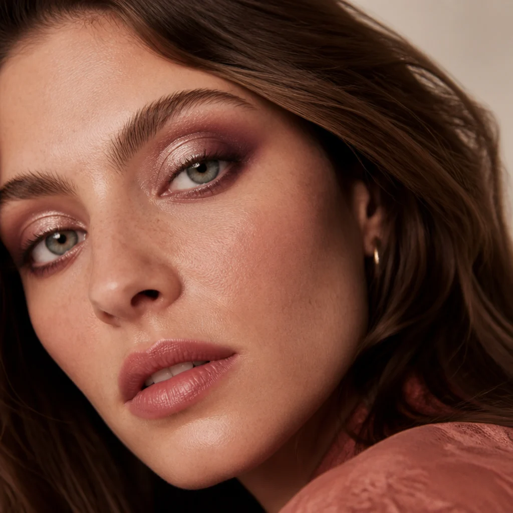 Three-quarter view of a plum halo eye with a champagne shimmer pressed into the center of the lid