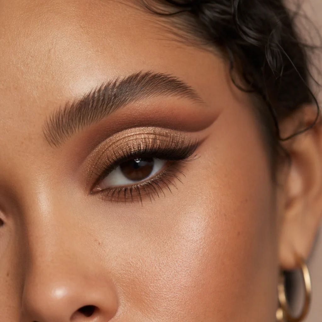 Close-up of a bronze cut-crease eye with a sharp shimmer lid and a cleanly defined crease line