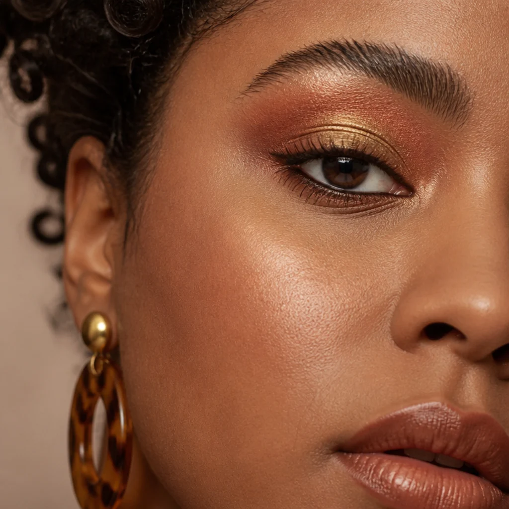 Model wearing rust shadow in the crease with gold shimmer on the lid in a warm gradient