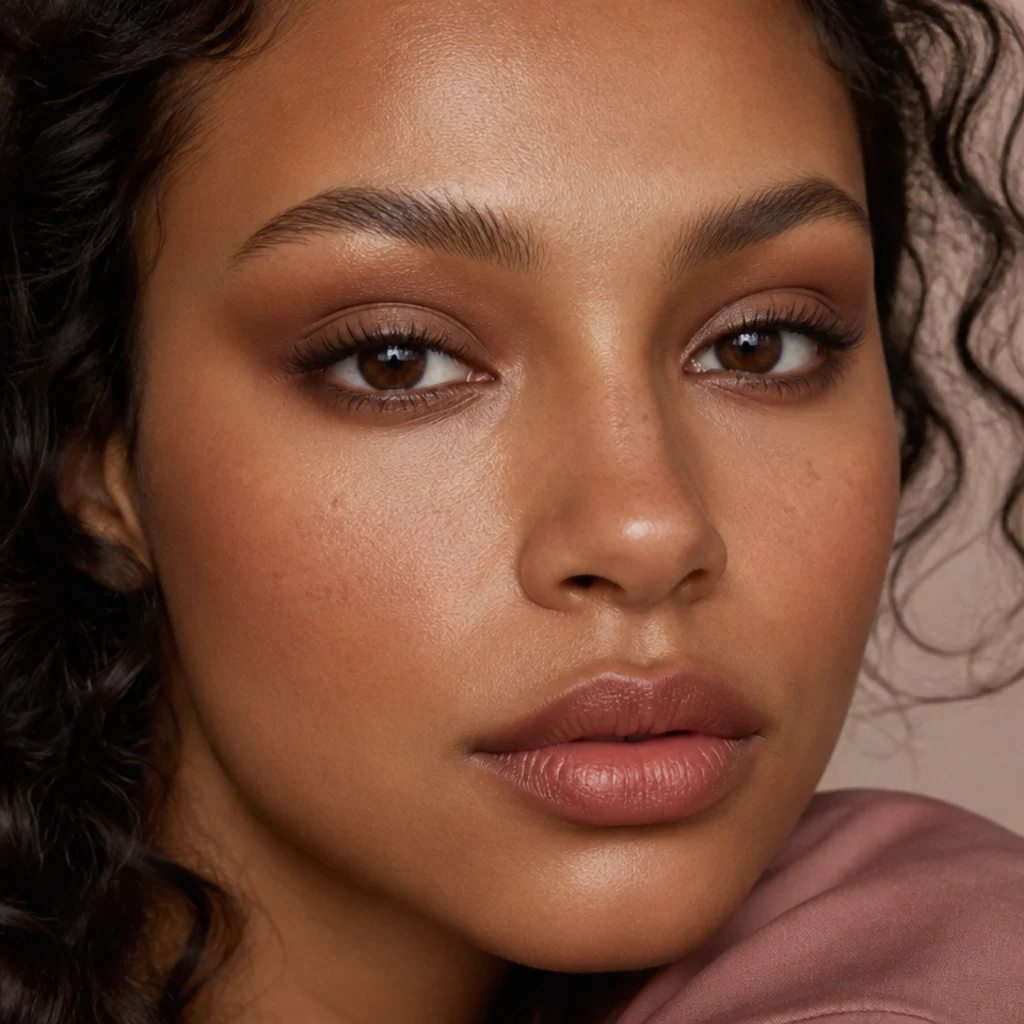 Close-up of soft brown shadow blended around the eye with lower-lash liner for a rounded doe-eyed look