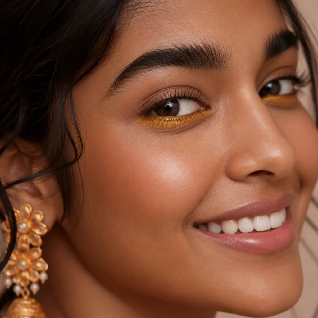 Three-quarter view with marigold-yellow shadow smudged along the lower lash line over neutral lids