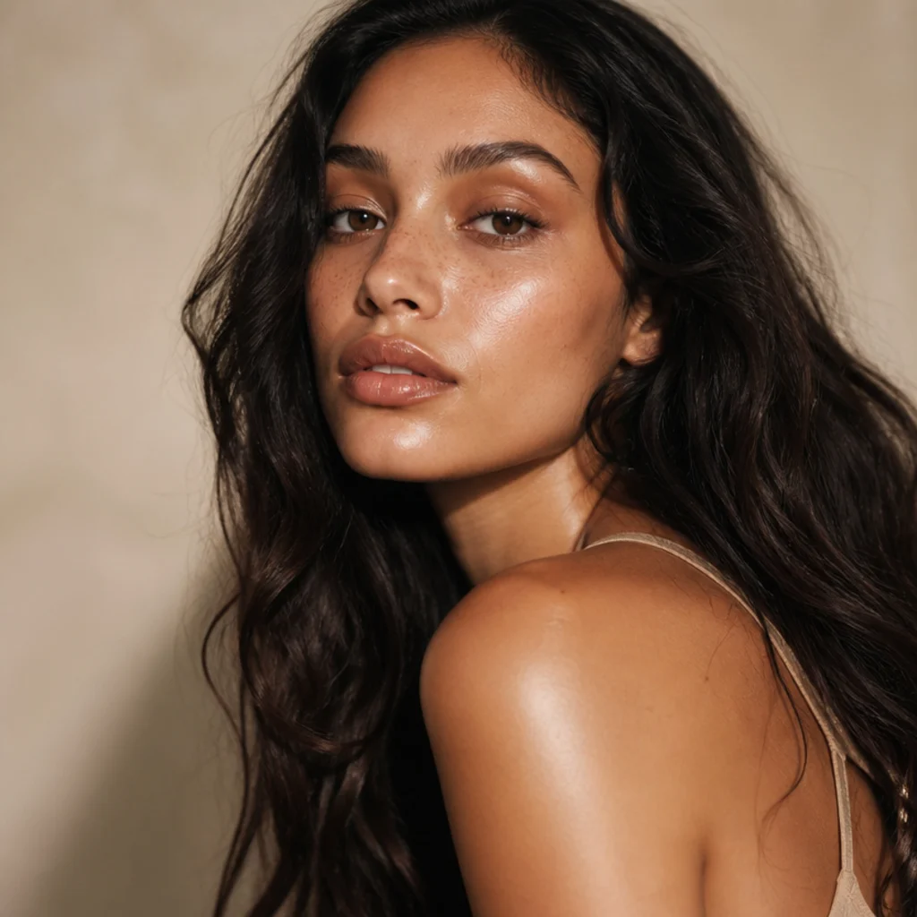 Model with a glossy nude lip, luminous skin, and soft warm brown eyes for an understated 70s look