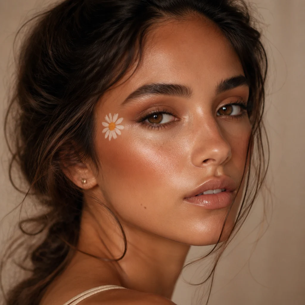 Model with sun-warmed bronze eyeshadow, soft peach cheeks, and a tiny painted daisy on the temple in soft studio light