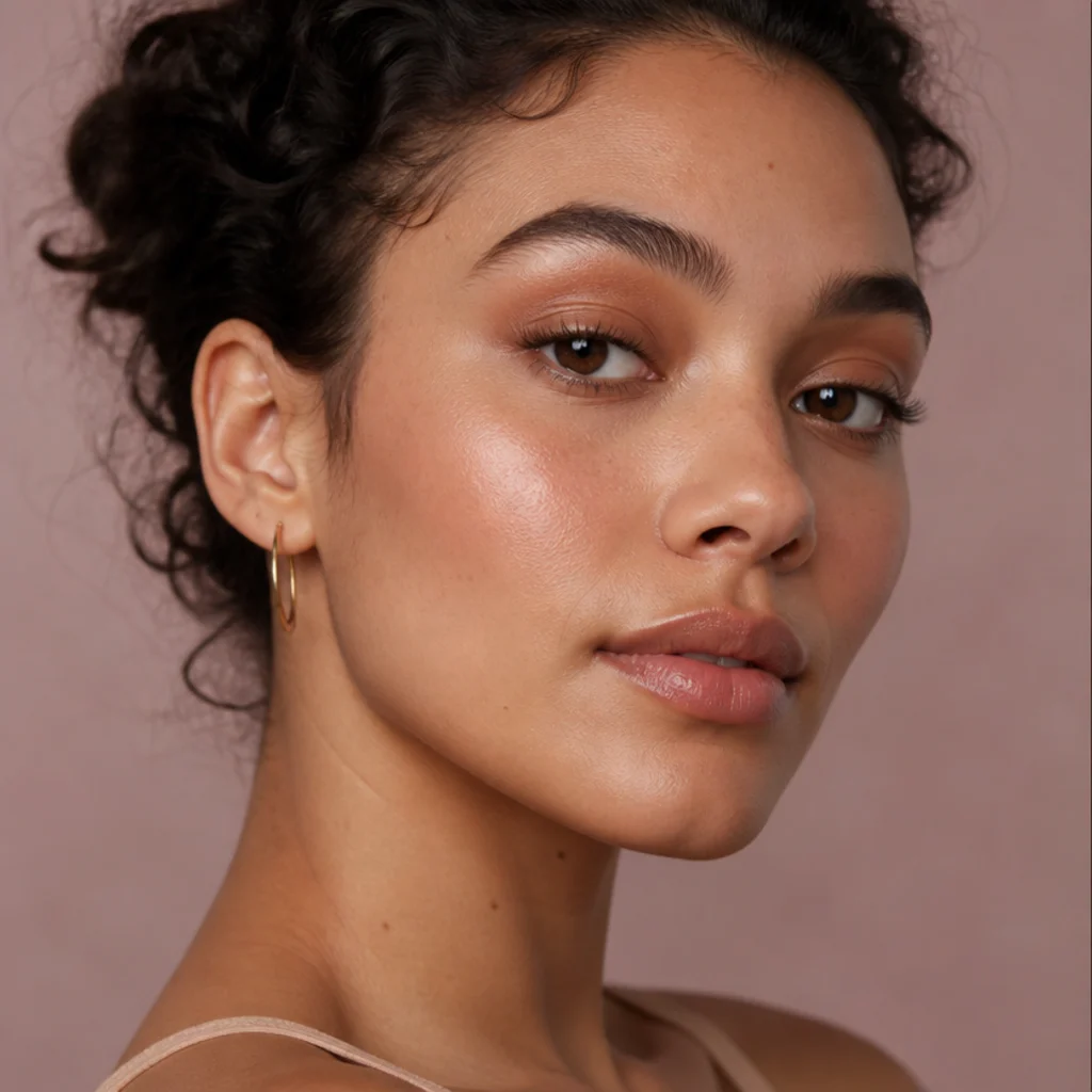 Model with a soft one-shade warm bronze eyeshadow wash blended from lash line to crease over glowing cheeks, three-quarter angle