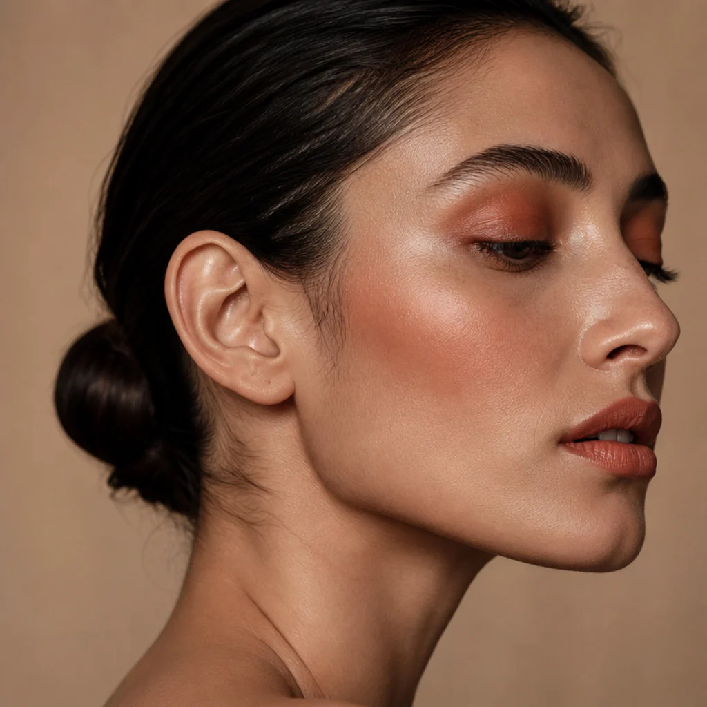 Model wearing matching terracotta shadow, blush, and lip in a tonal monochrome look, side profile