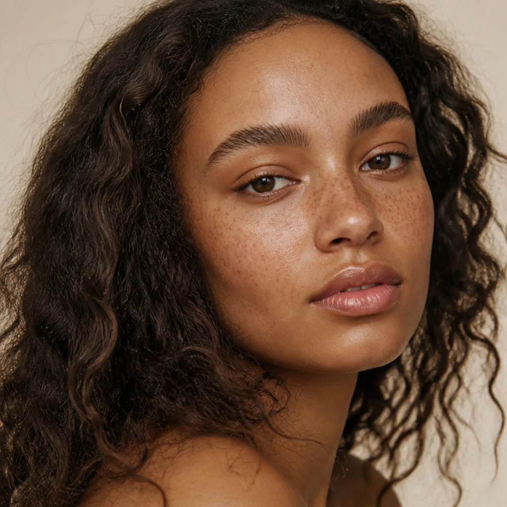 Model with bare-looking dewy skin, a soft brown crease wash, brushed-up brows, and a glossy nude lip evoking a natural 70s hippie look, front three-quarter
