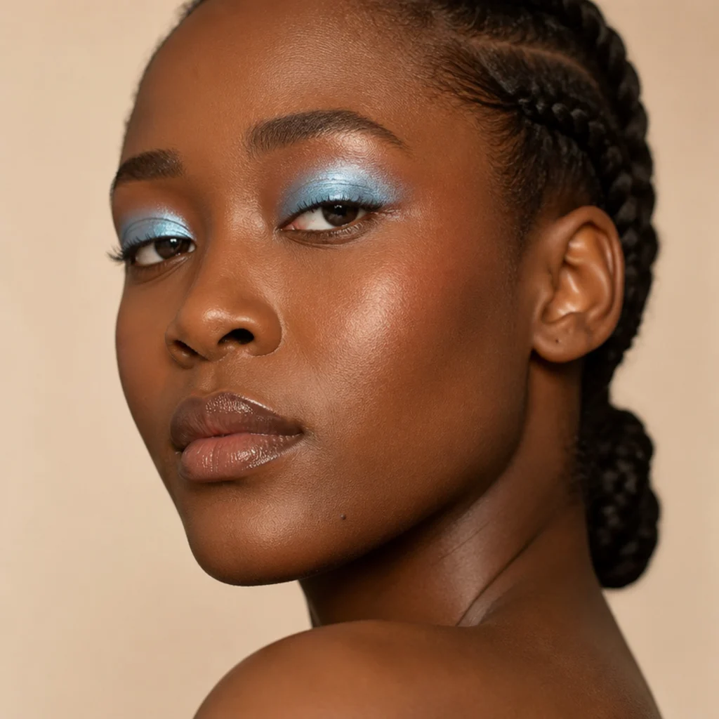 Model with icy frosted blue shimmer shadow swept across the mobile lids over clean skin, three-quarter angle