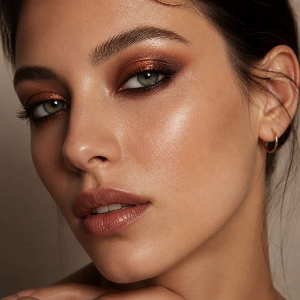 Model with a smoky copper shadow blended up and out at the edges over defined lashes, close three-quarter view