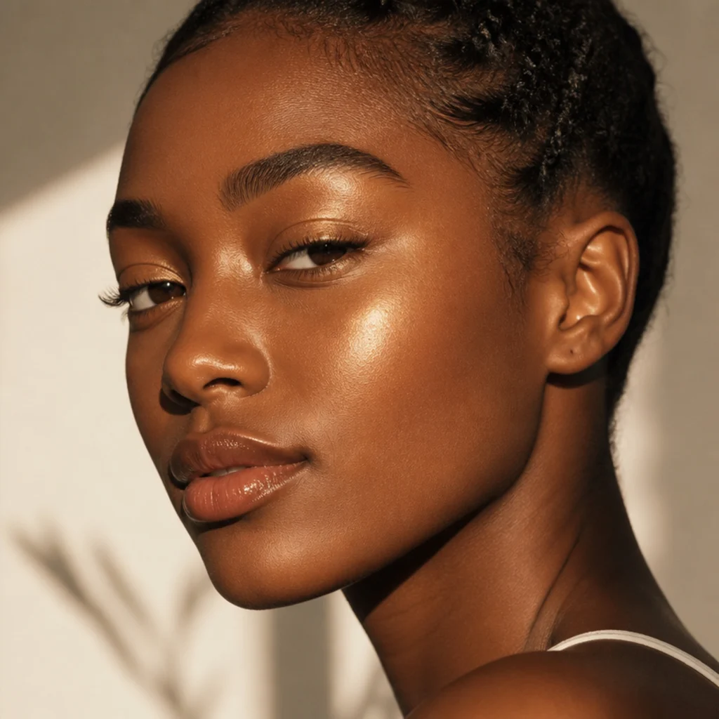 Model with liquid gold highlight swept high on the cheekbones and a warm golden lid catching the light, side-lit portrait