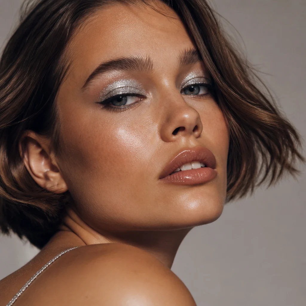 Model with high-shine silver shimmer packed across the lids and luminous skin under studio light, three-quarter angle