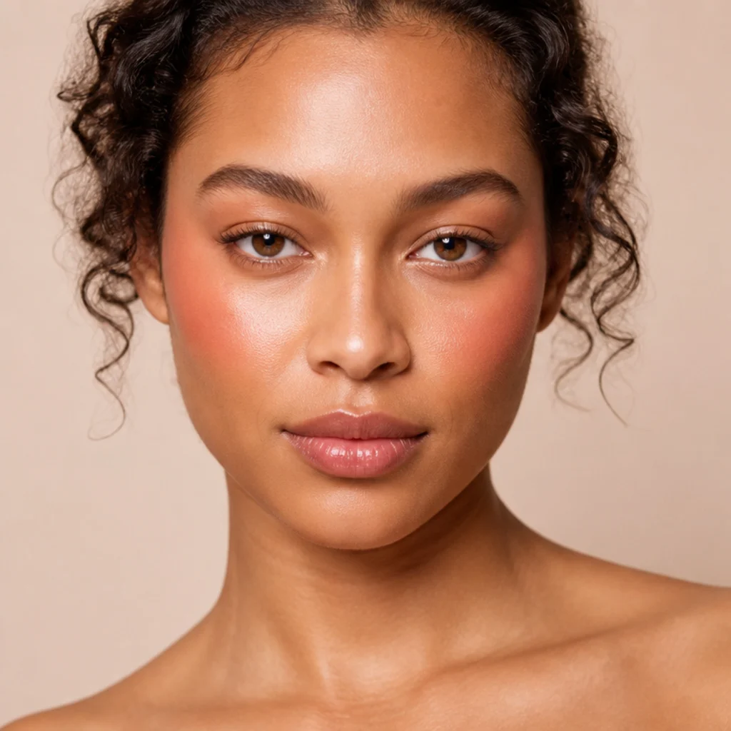 Model with peach blush swept from the cheeks up toward the temples in a 70s draping technique, front view