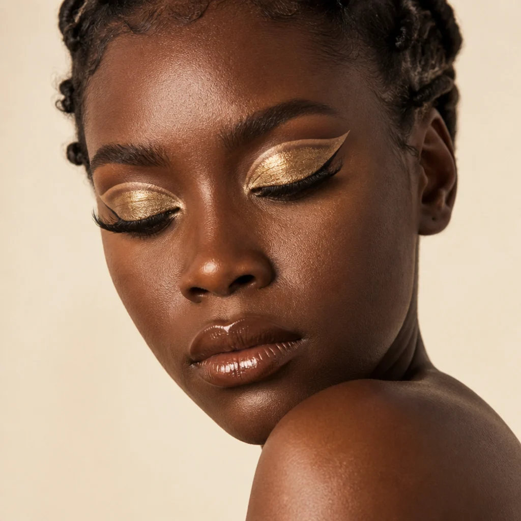 Model with a defined cut crease in warm gold and a clean sharp edge, close three-quarter view