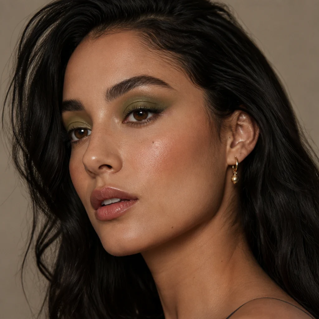 Model with olive and moss green shadow blended across the lids and soft brown liner, side three-quarter angle