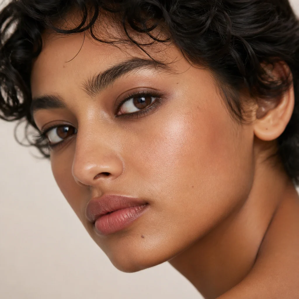 Model with smudged brown kohl rimming the eyes for a soft doe-eyed 70s look, front three-quarter view
