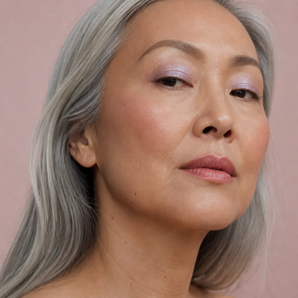 Model with a frosted lilac shimmer wash on the lids and soft pink cheeks, three-quarter angle