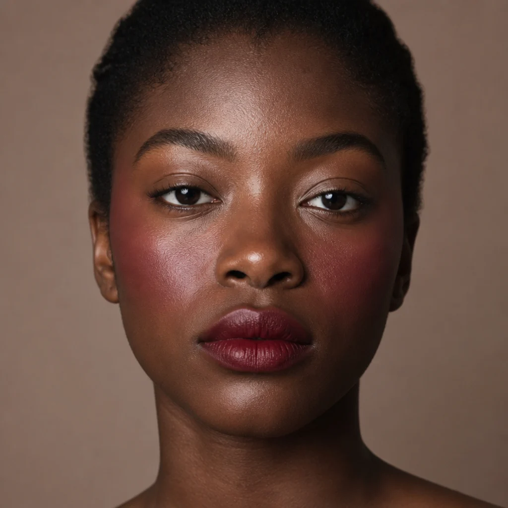 Model with a diffused berry stain on the lips and cheeks for a lived-in flush, front view