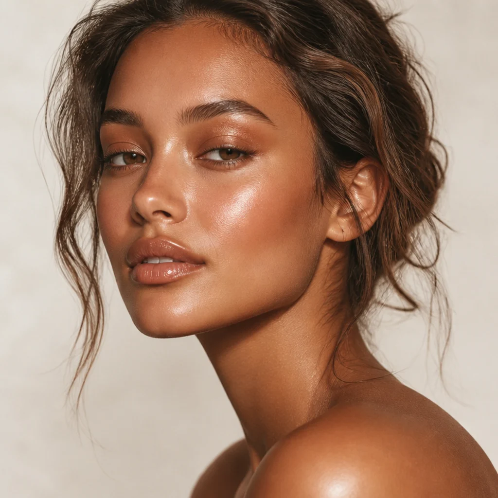 Model with all-over warm bronzer, glowing skin, and a nude lip for a sun-kissed 70s look, three-quarter angle