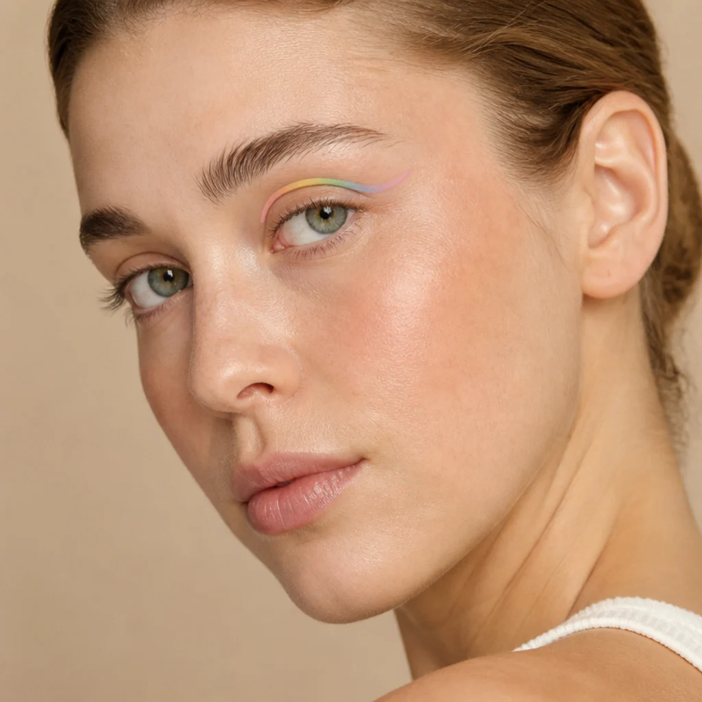 Model with a floating pastel rainbow liner arcing above the crease and clean skin, close three-quarter view