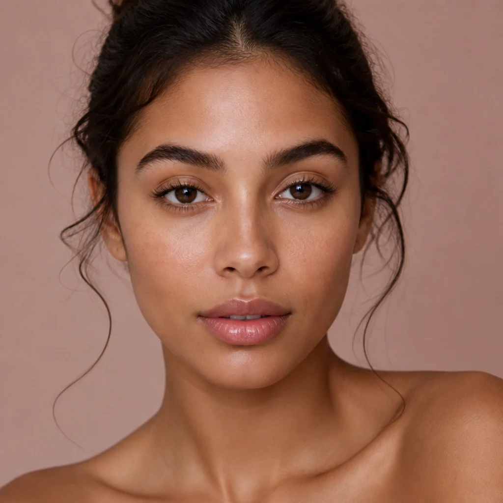 Model with sheer nude gloss, bare fluttery lashes, and fresh skin for a minimal 70s look, front view