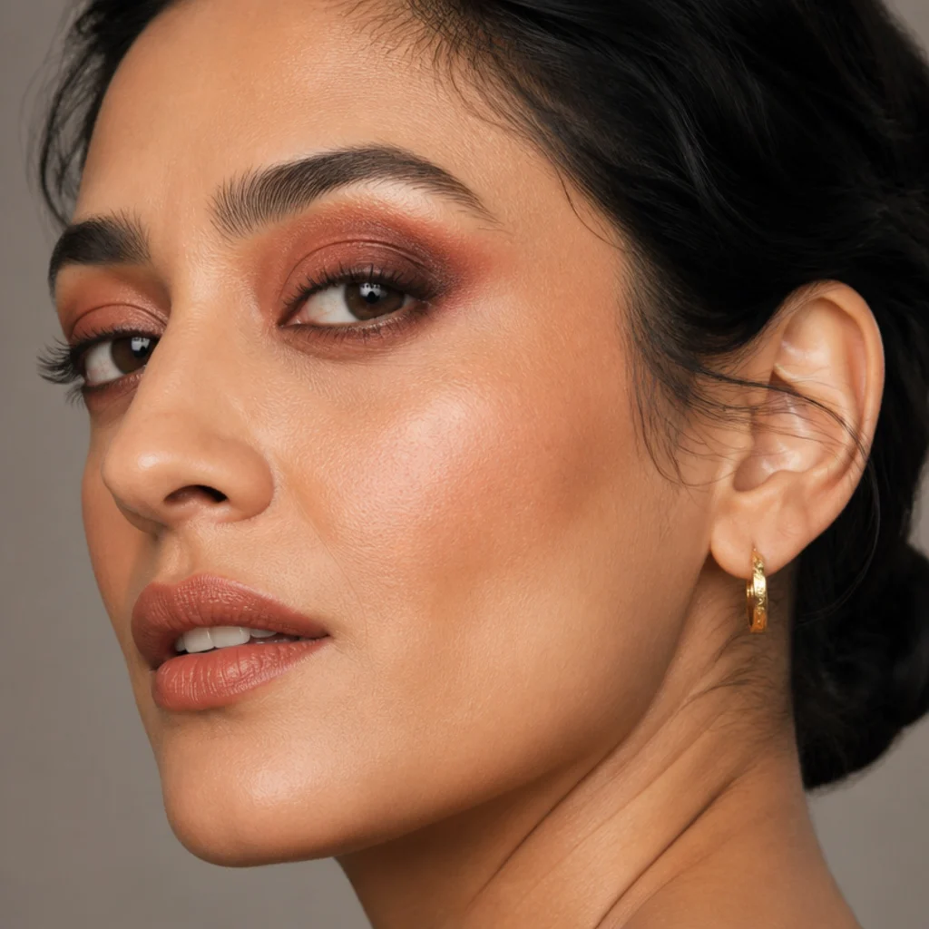 Model with a rust and rosewood blended smoky eye and warm matte finish, side three-quarter angle